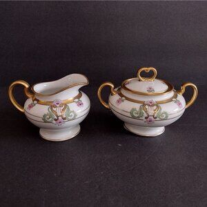 W A Pickard Handpainted China Art Nouveau Style Pink Floral Gold Sugar Creamer